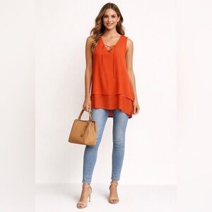 Michael Kors Orange Sleeveless Lace-Up V-Neck Layered Blouse